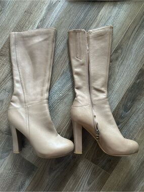 Sleek leather Knee-High Heeled Boots in Beige